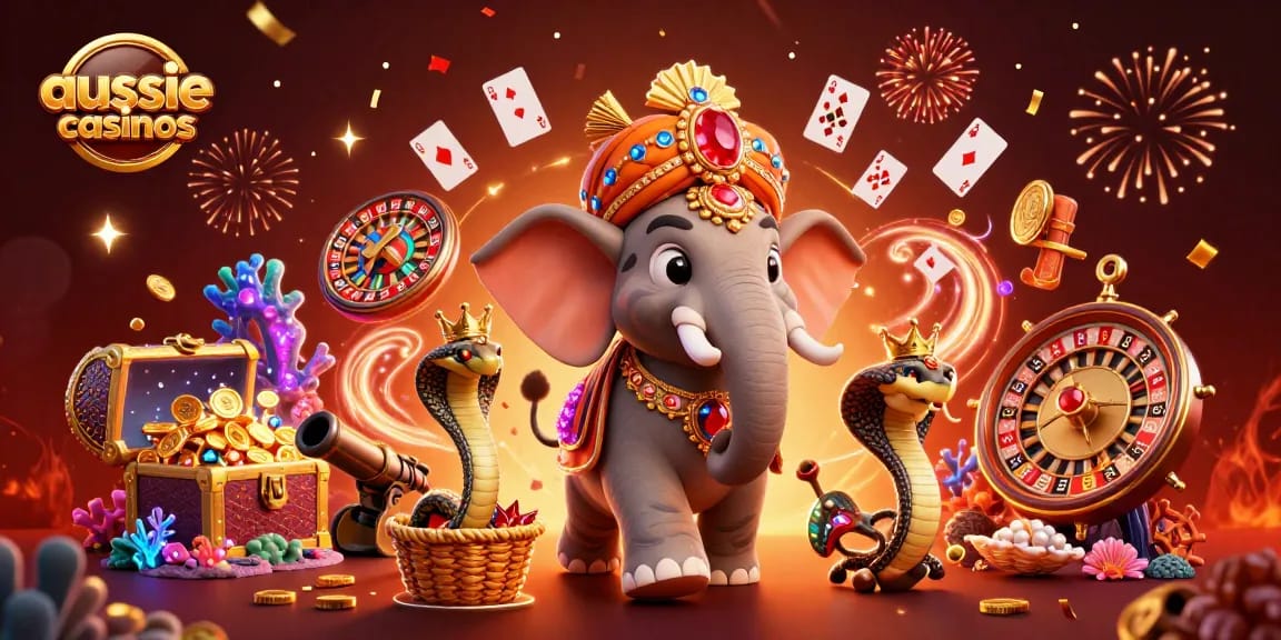 Aussie casinos illustrate a vibrant scene with immersive casino elements and dynamic characters in action.