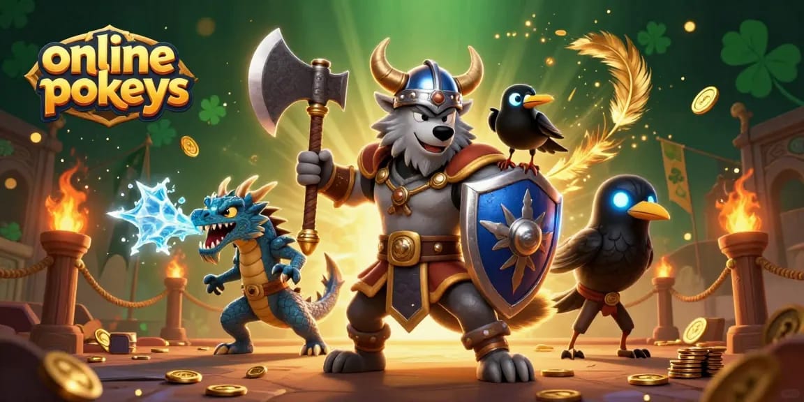 Experience winning online pokies in a vibrant 3D casino scene with a Viking wolf warrior.