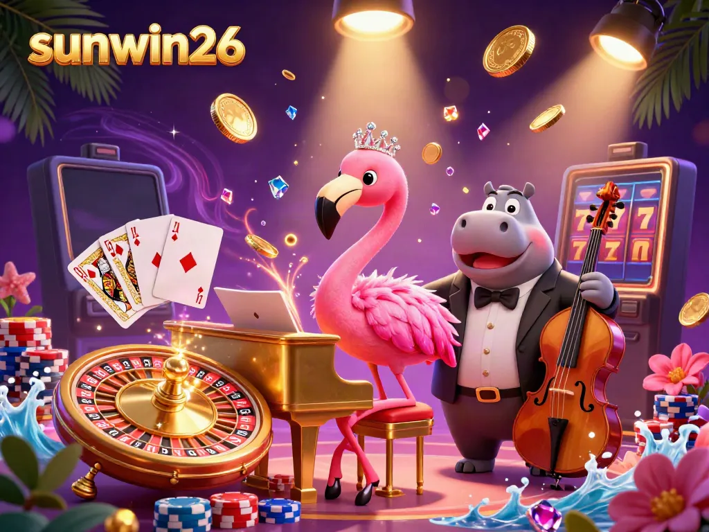 Experience the excitement of sunwin26 featuring vibrant characters, sparkling gems, and dynamic casino elements in a stunning 3D illustration.