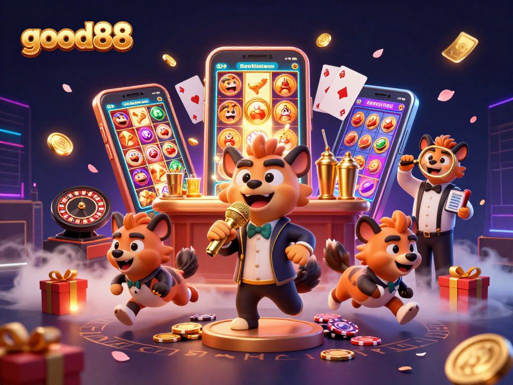 Hyenas in a lively comedy casino club showcasing good88 theme with colorful games and vibrant atmosphere