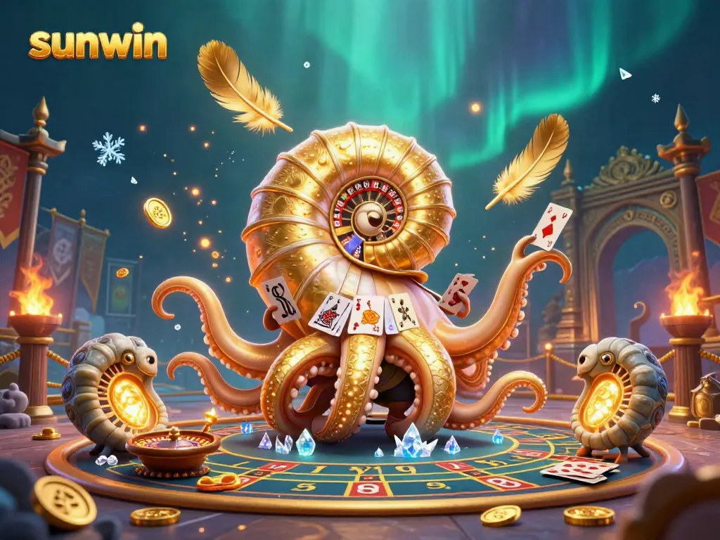 Engage with sunwin's vibrant casino experience featuring a giant nautilus roulette wheel surrounded by glowing ammonite companions.