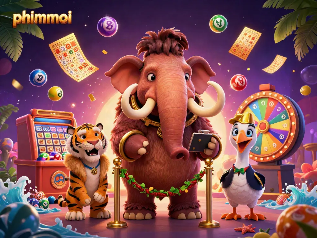 Engaging phimmoi scene showcasing a mammoth bouncer, saber-tooth tiger, and dodo doorman in a vibrant casino setting.