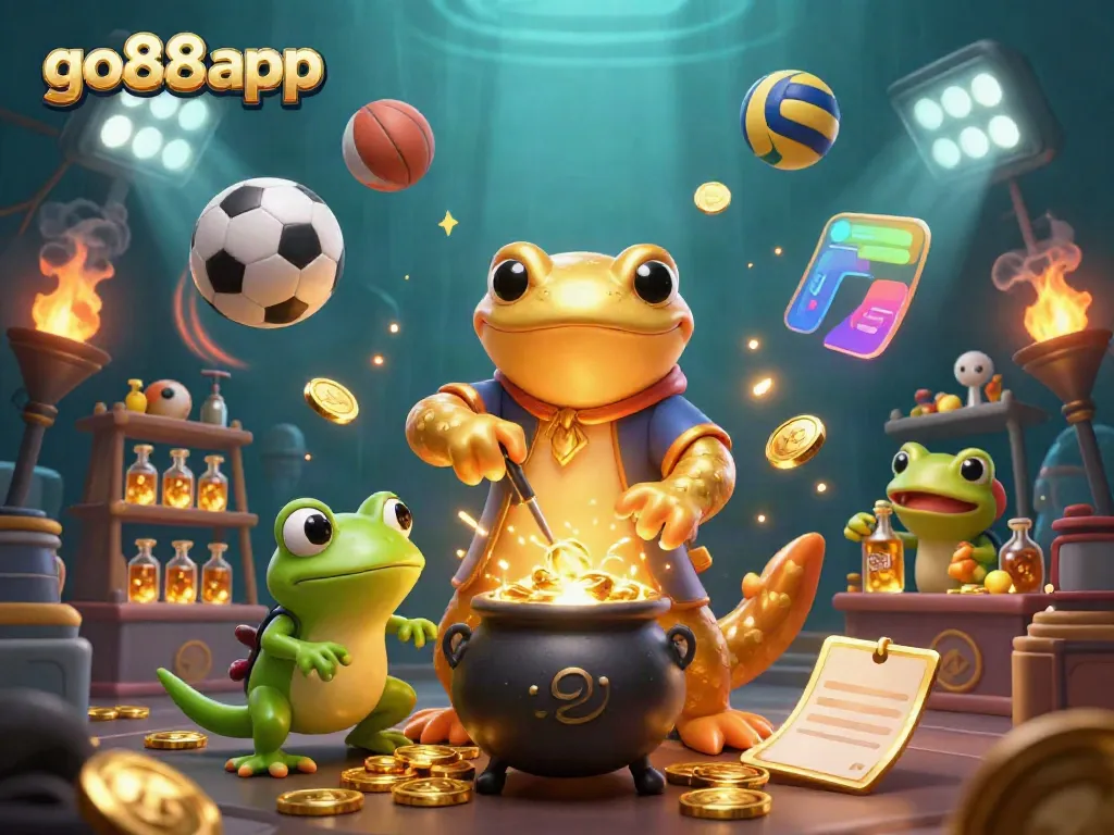 Experience the excitement of go88app with a golden salamander alchemist transforming metals into coins amidst dynamic sports elements.