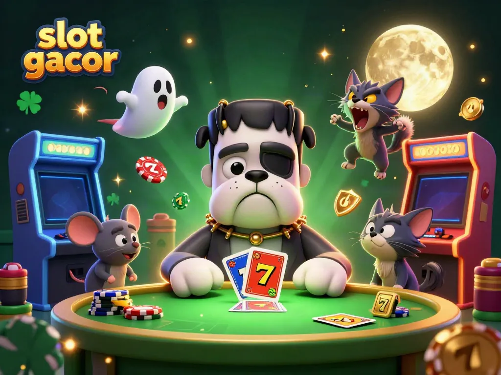 Experience thrill with a slot gacor scene featuring a Frankenstein bulldog dealing cards at a spooky table.