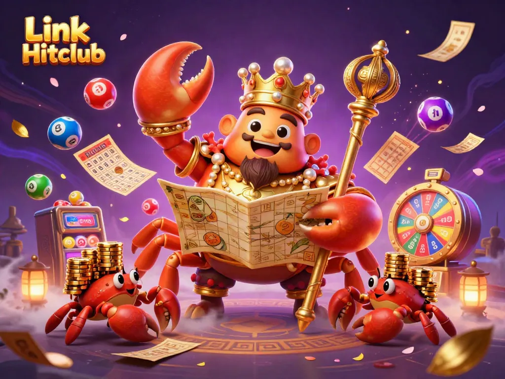 Engage with Link Hitclub's vibrant lottery scene featuring a golden crab emperor surrounded by dynamic game elements.