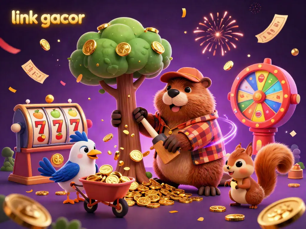 Experience the excitement with link gacor as a beaver chops a tree raining golden coins in a vibrant casino scene.