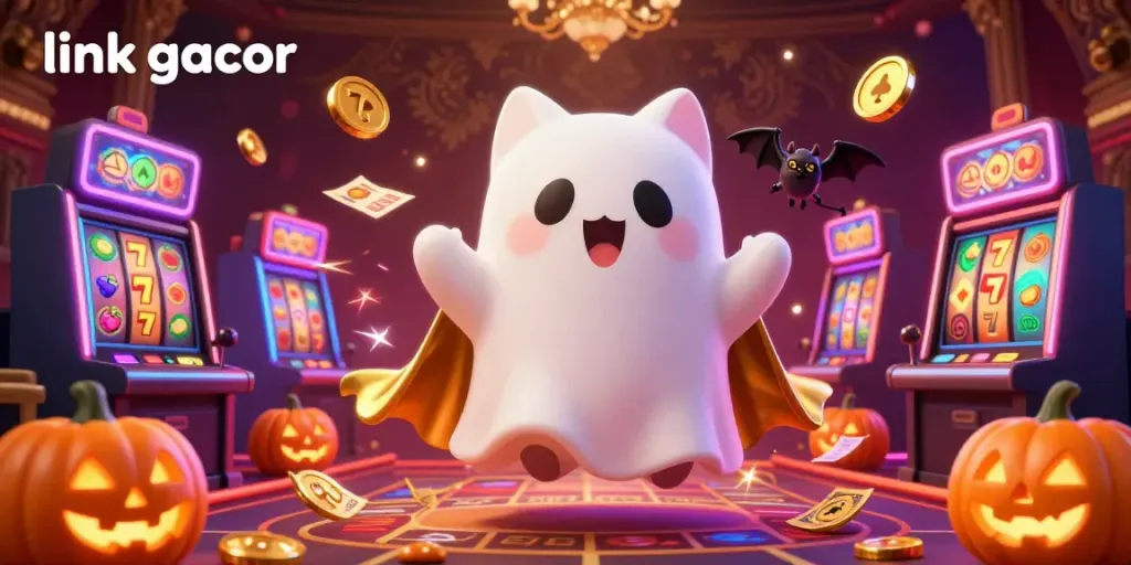 Experience casino thrills with link gacor through a vibrant, whimsical casino scene featuring animated characters and dynamic gaming elements.