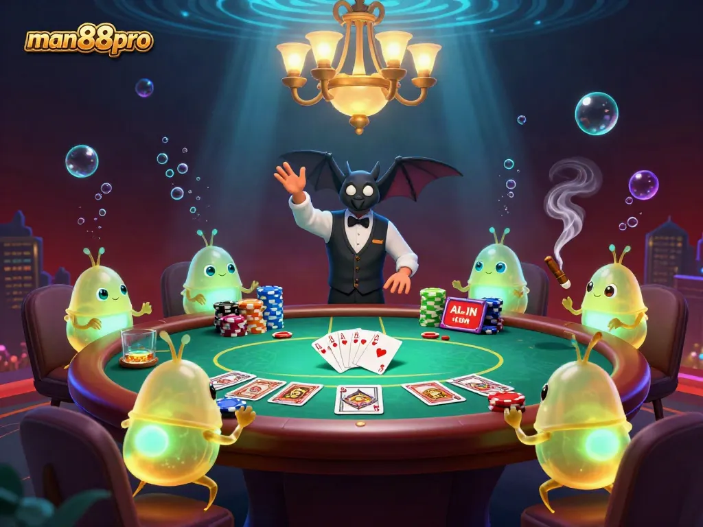 Engage in thrilling poker games at man88pro within a vibrant, illuminated underwater casino.