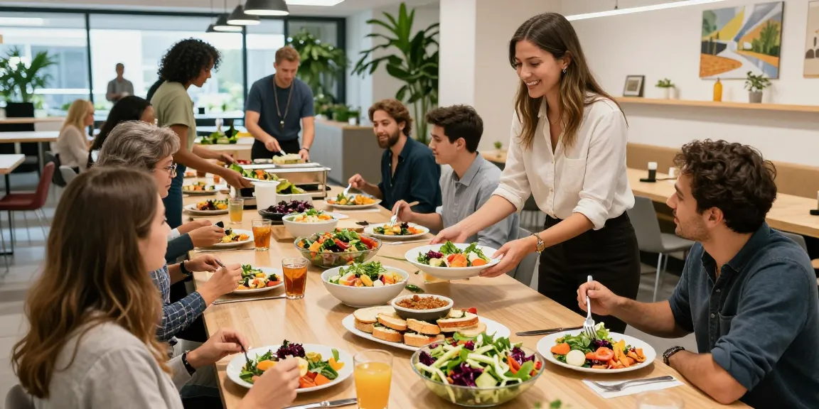 Samenwerkende medewerkers genieten van een gezonde lunch, bedrijfscateraar biedt mediterrane gerechten.