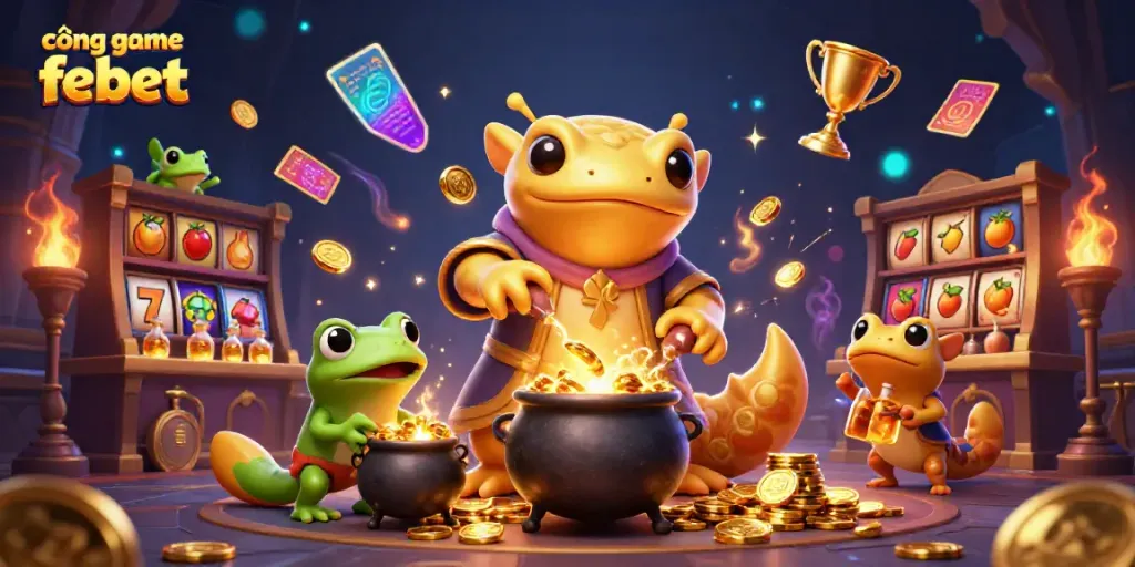 Engage in the exciting world of cổng game febet with a dynamic 3D illustration featuring a golden salamander alchemist and gaming elements.