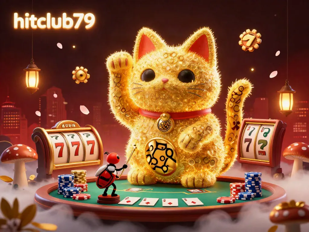Experience the thrill of hitclub79 with a lucky cat and dynamic casino elements in this vibrant illustration.